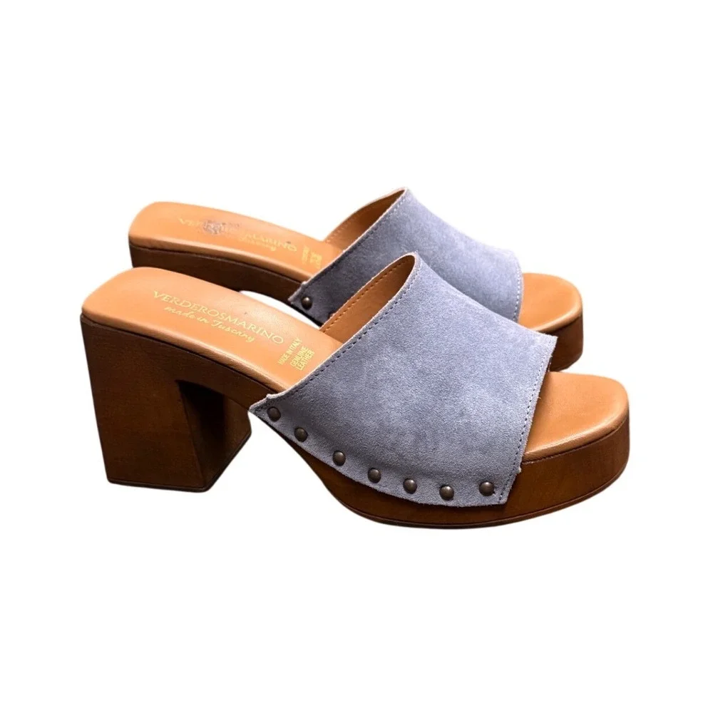 Verderosmarino Italy Blue Suede Studded Platform Block Heel Mule Sandals Size 40
